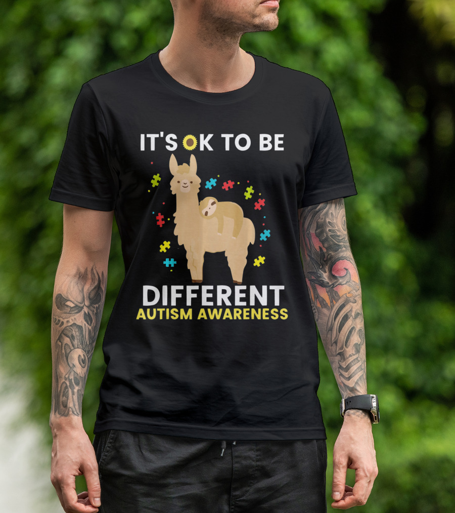 It's OK To Be Different Llama Sloth Autism Awareness T-Shirt