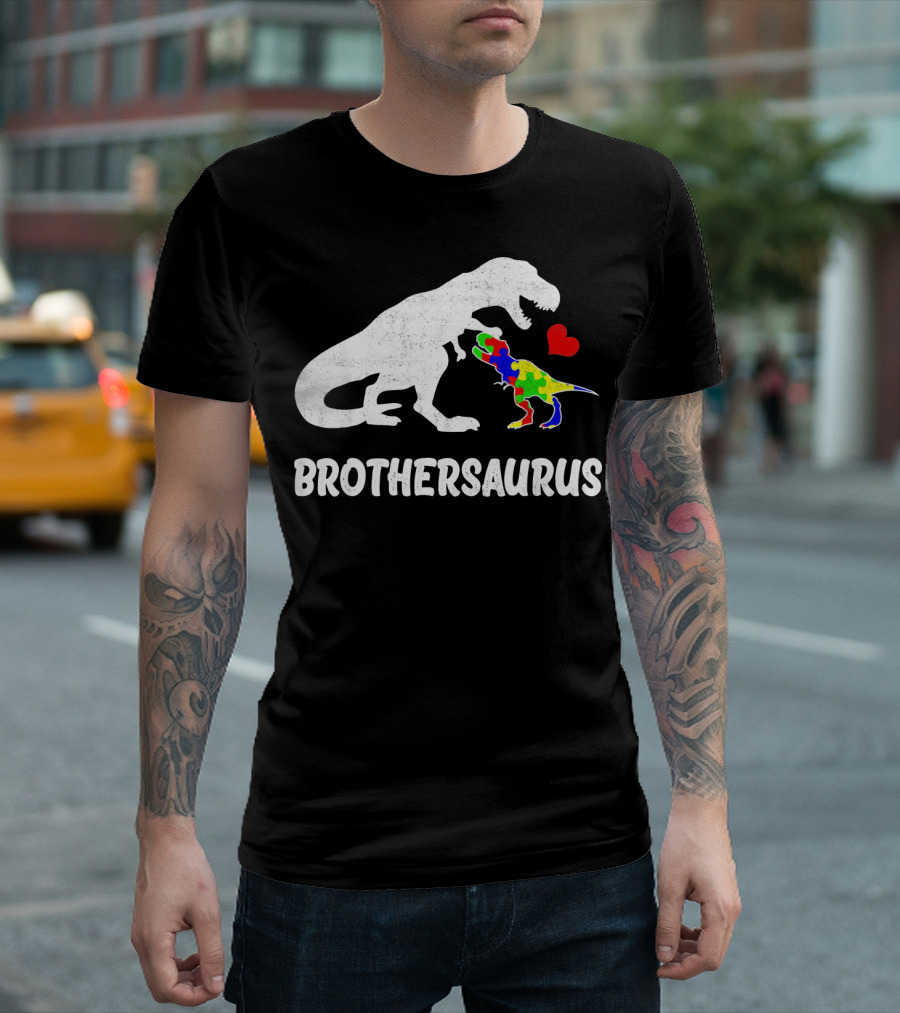 Brothersaurus Strong Dinosaur Autism Heart Puzzle T-Shirt