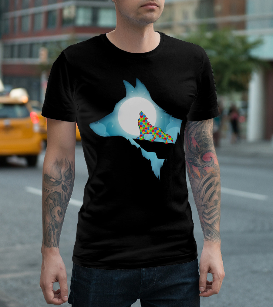 Wolf Wolf Autism Autism Awar Puzzle Wolf Moon T-Shirt