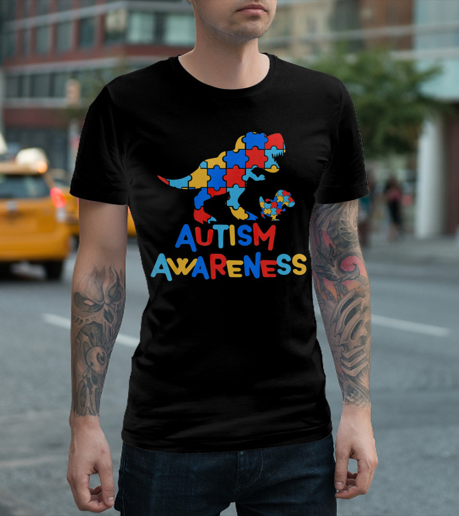 Dinosaur Puzzle Autism Awareness Colorful Piece T-Shirt