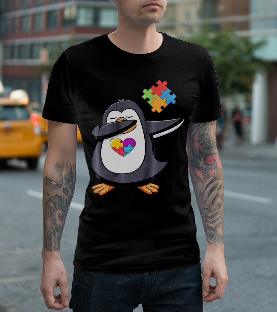 Penguin Dab Puzzle Piece Heart Autism Awareness T-Shirt