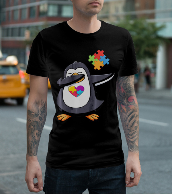 Penguin Dab Puzzle Piece Heart Autism Awareness T-Shirt