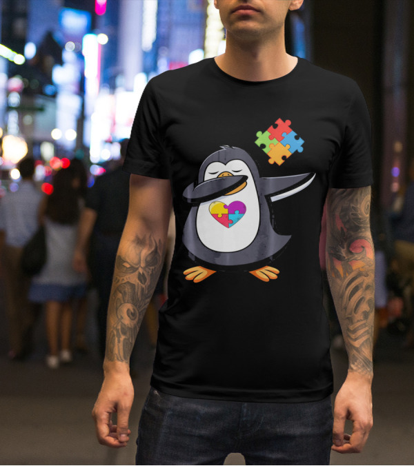 Penguin Dab Puzzle Piece Heart Autism Awareness T-Shirt