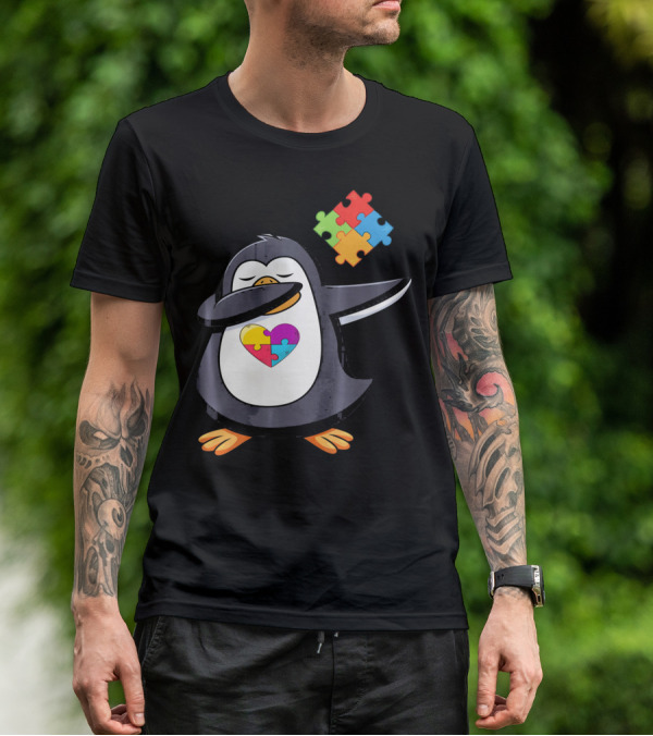 Penguin Dab Puzzle Piece Heart Autism Awareness T-Shirt