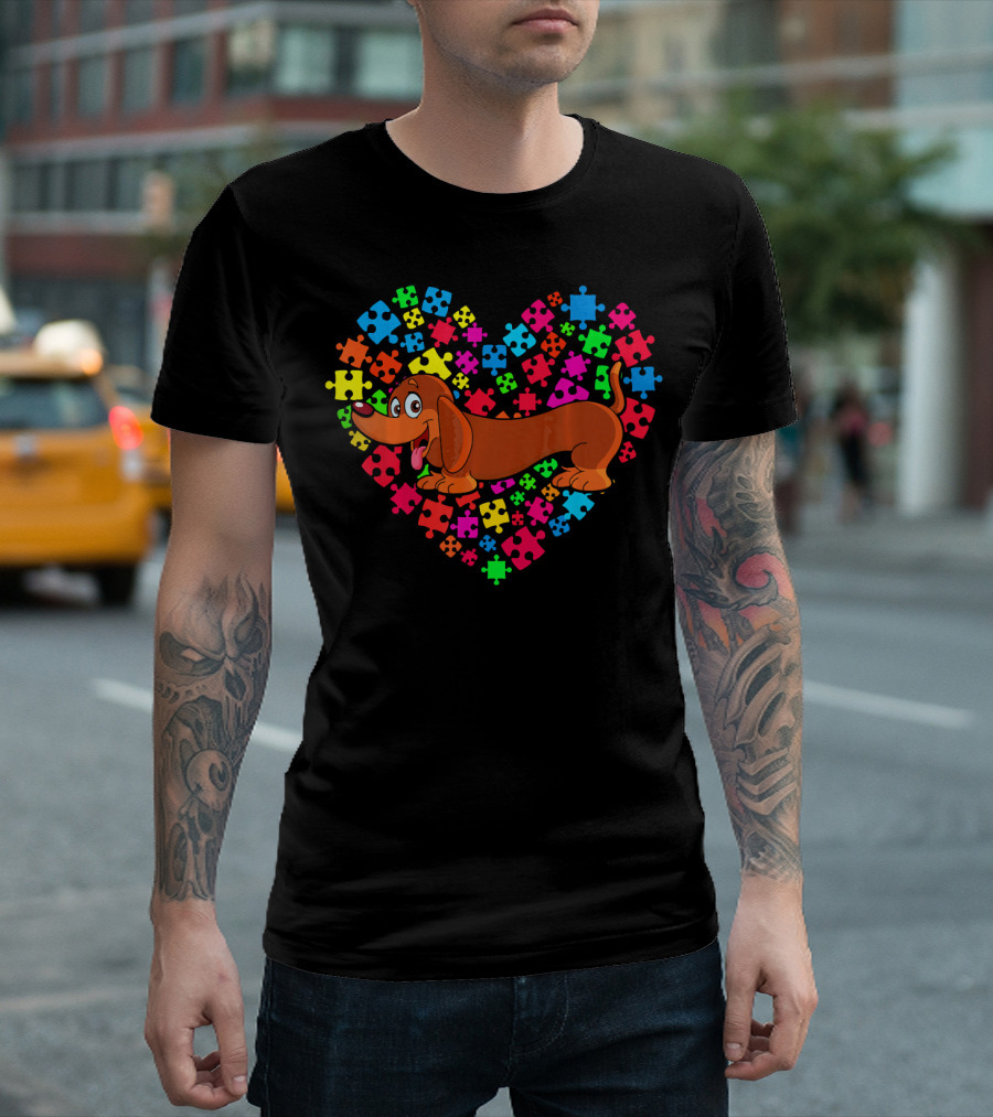Autism Awareness Dachshund Dog Heart Puzzle Pieces T-Shirt