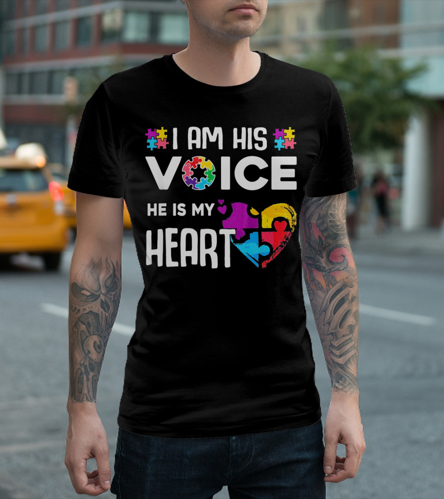 Autism Awareness I Am His Voice He Is My Heart Puzzle Piece Heart T-Shirt