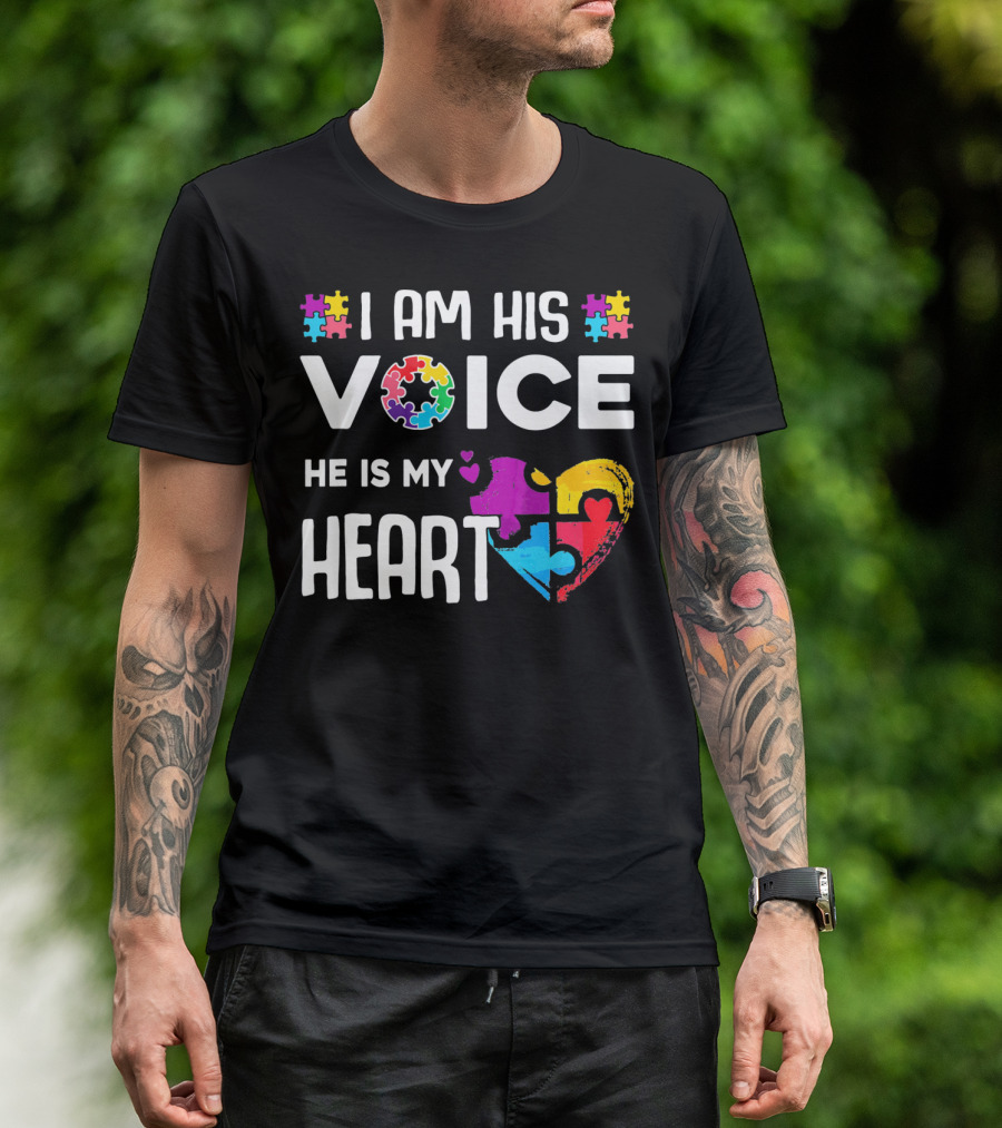 Autism Awareness I Am His Voice He Is My Heart Puzzle Piece Heart T-Shirt