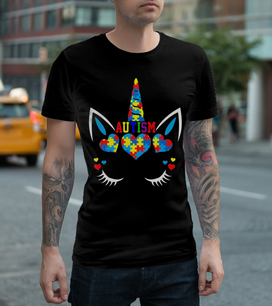 Autism Awareness Unicorn Puzzle Heart Colorful Ears T-Shirt