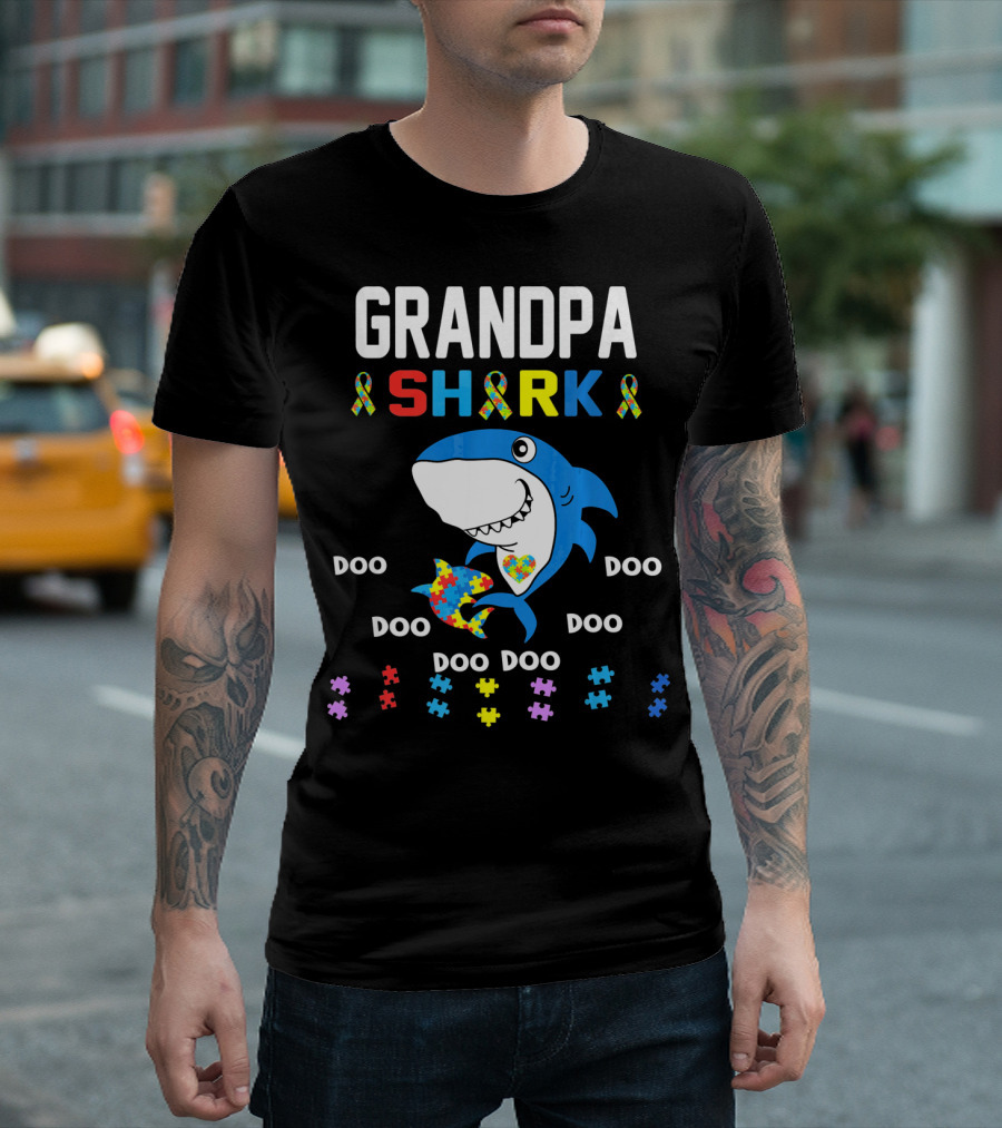 Grandpa Shark Autism Awareness Doo Doo Doo Puzzle T-Shirt