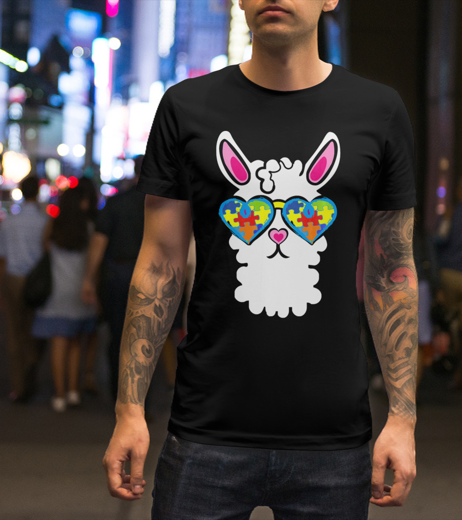 Autism Awareness Llama Heart Puzzle Sunglasses T-Shirt