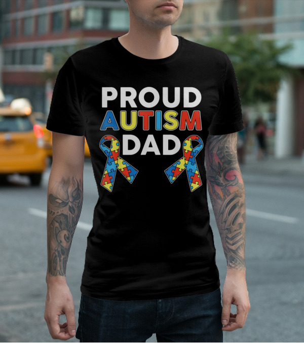 Proud Autism Dad Awareness Ribbon Puzzle T-Shirt