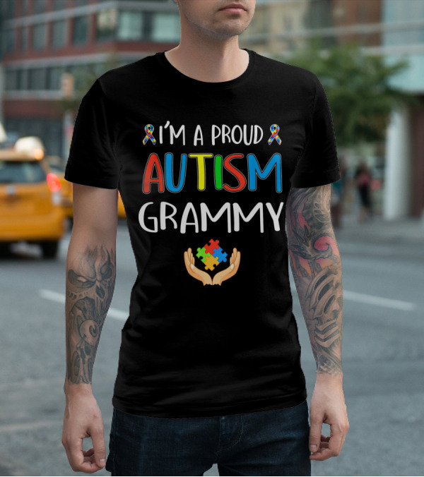 I'm A Proud Autism Grammy Awareness Puzzle Ribbon Hand T-Shirt