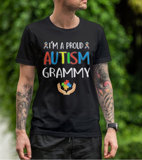 I'm A Proud Autism Grammy Awareness Puzzle Ribbon Hand T-Shirt