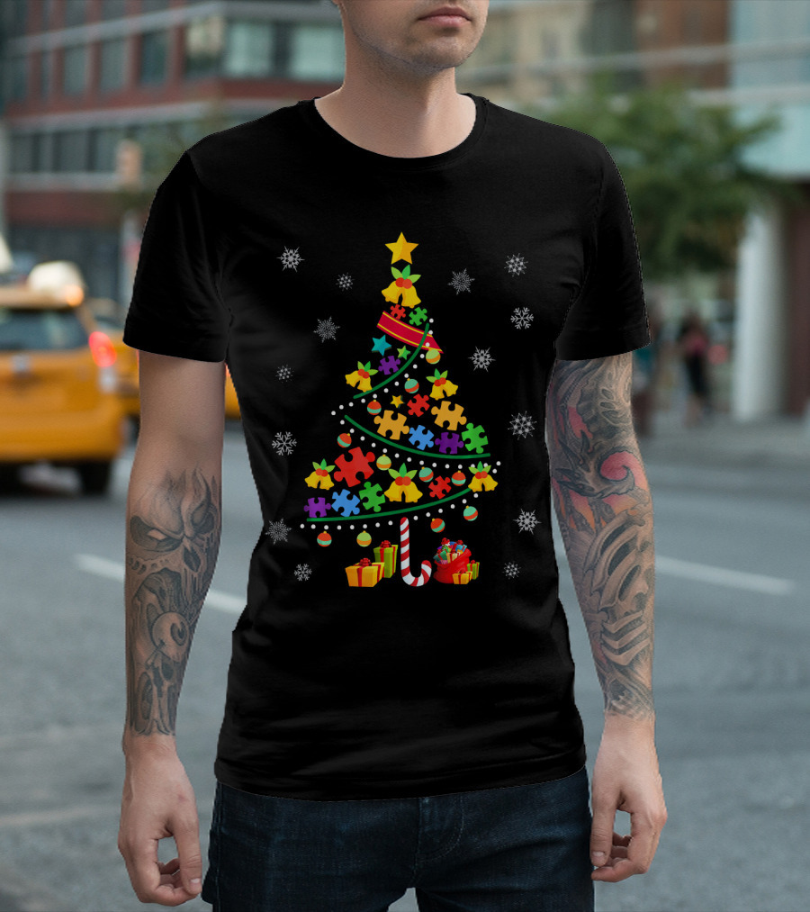 Autism Awareness Christmas Tree Puzzle Pieces Snowflakes T-Shirt