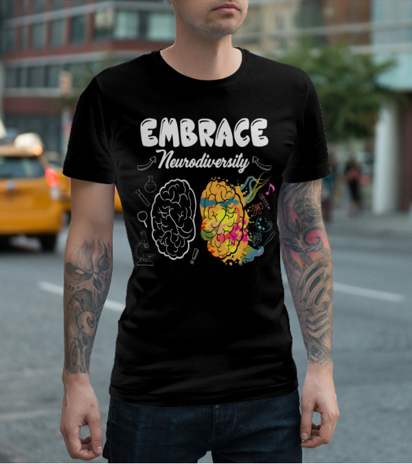Embrace Neurodiversity Brain Autism Awareness Colorful Science Music Art Icons T-Shirt