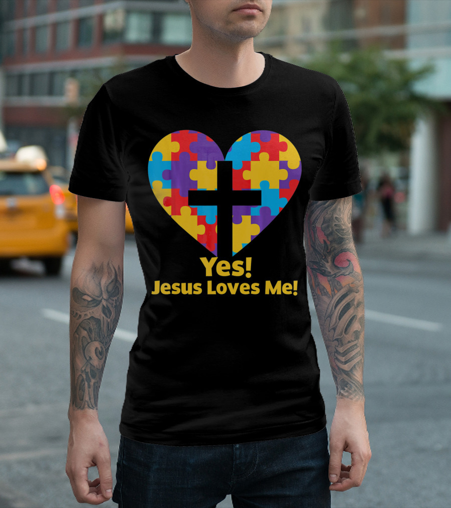 Yes Jesus Loves Me Autism Awareness Catholic Christian Cross Heart Puzzle T-Shirt
