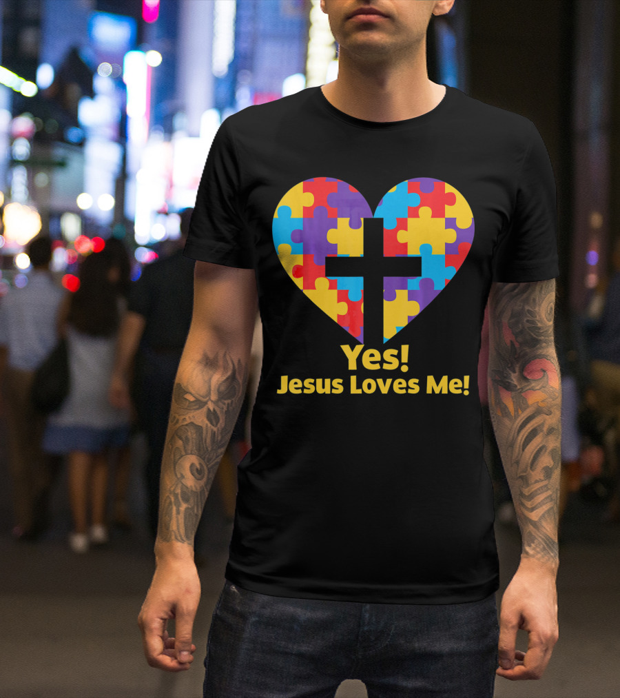 Yes Jesus Loves Me Autism Awareness Catholic Christian Cross Heart Puzzle T-Shirt