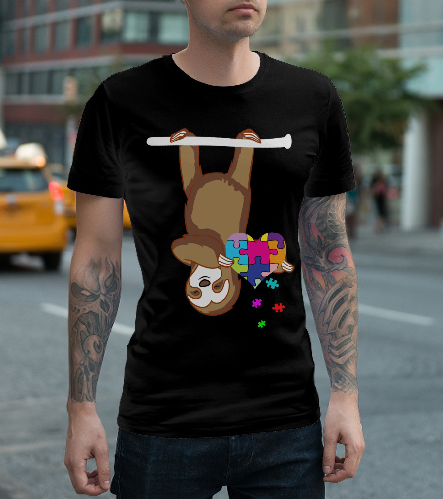 Sloth Holding Puzzle Heart Autism Awareness T-Shirt