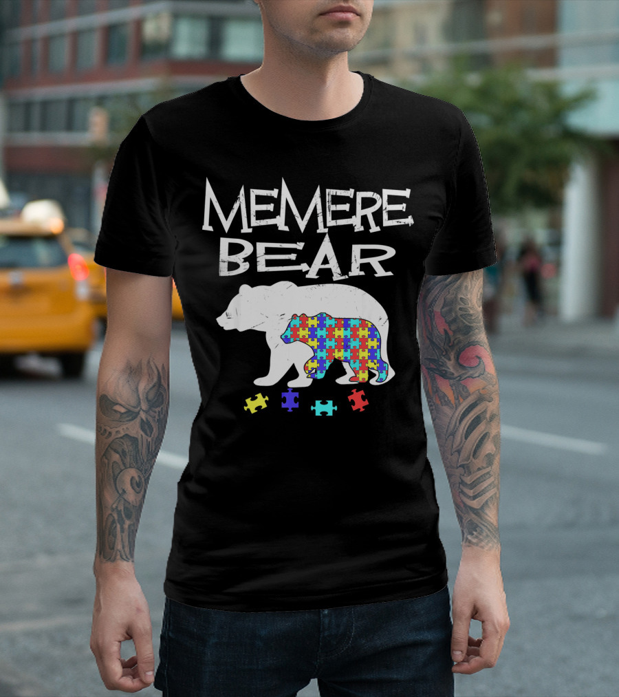 Memere Bear Autism Awareness Puzzle Pieces T-Shirt