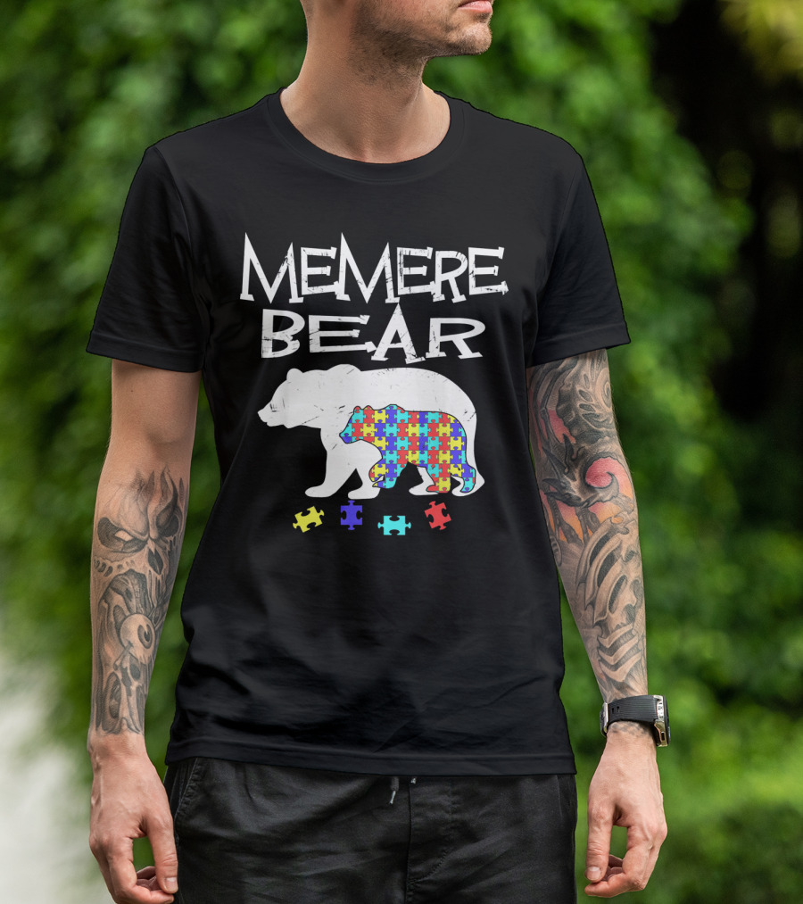 Memere Bear Autism Awareness Puzzle Pieces T-Shirt