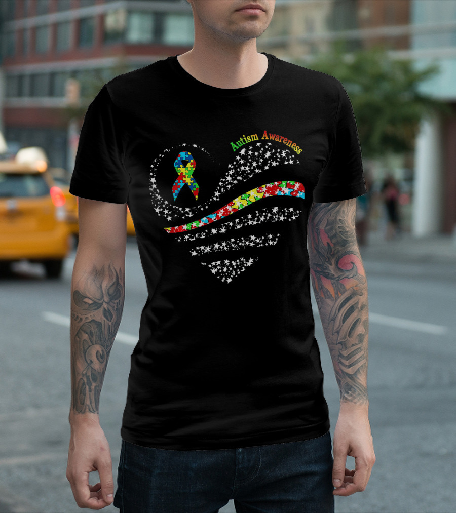 Autism Awareness Heart Puzzle Pieces Ribbon American Flag T-Shirt