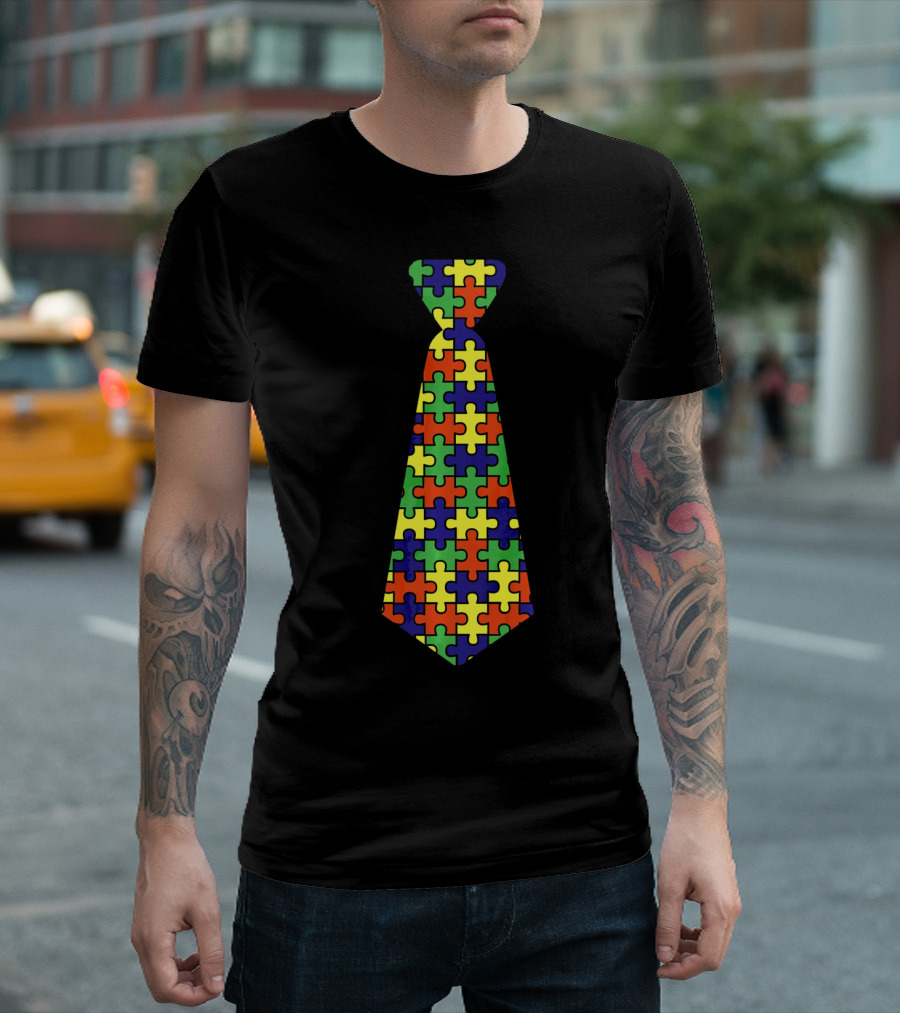 Autism Awareness Puzzle Pattern Neck Tie Support T-Shirt