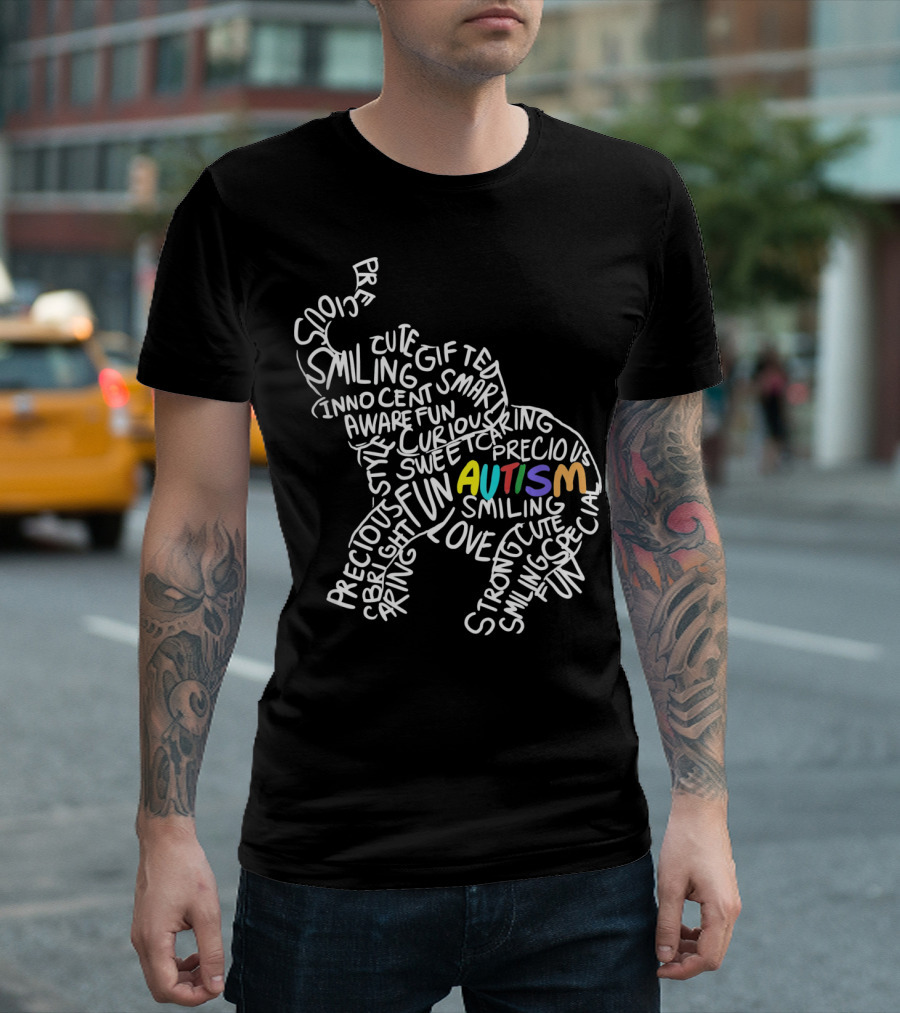 Autism Elephant Awareness Smiling Strong Gift Bright Curious Precious Fun T-Shirt