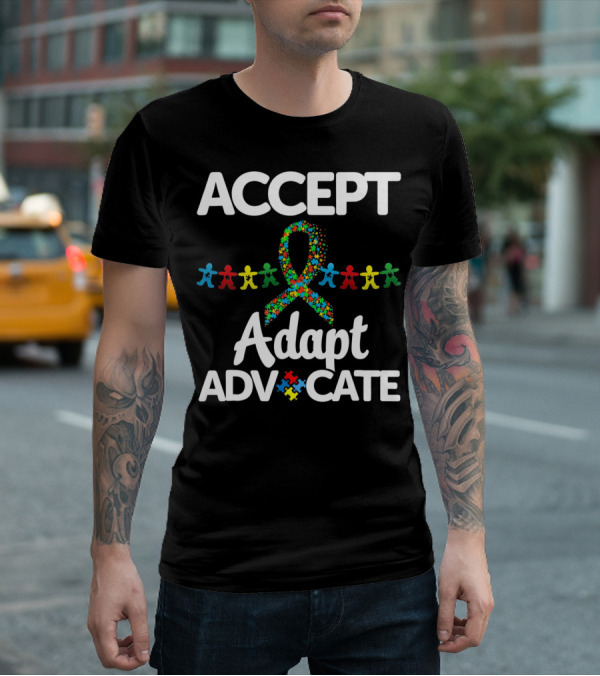 Accept Adapt Advocate Autism Awareness Puzzle Ribbon And Figures T-Shirt