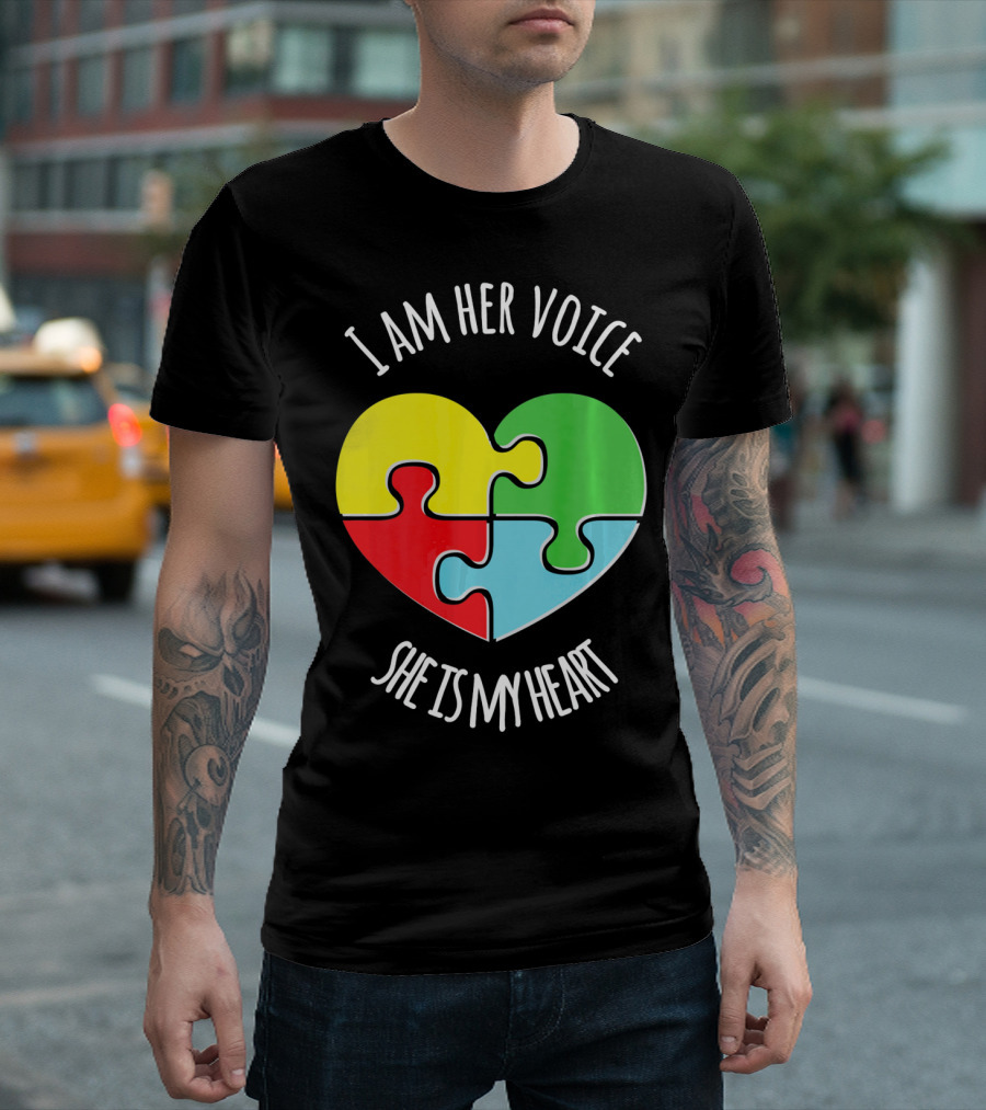 I Am Her Voice Autism Awareness She Is My Heart Puzzle Piece T-Shirt