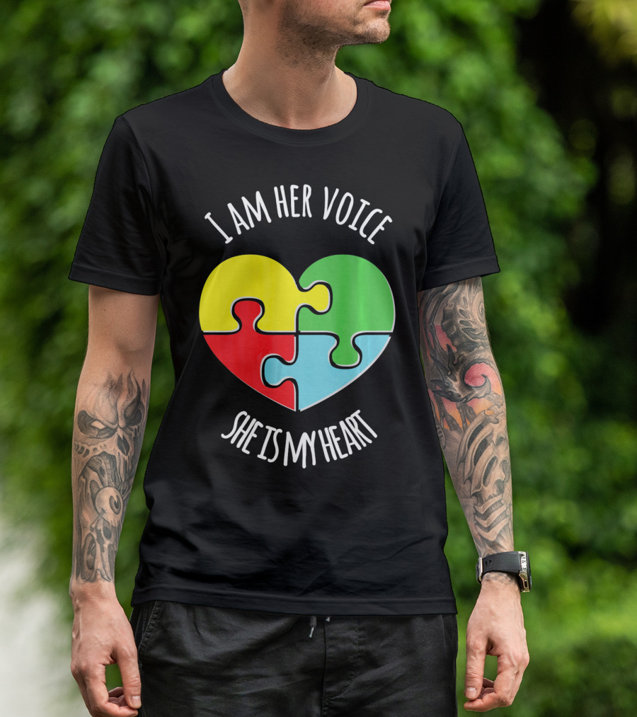 I Am Her Voice Autism Awareness She Is My Heart Puzzle Piece T-Shirt