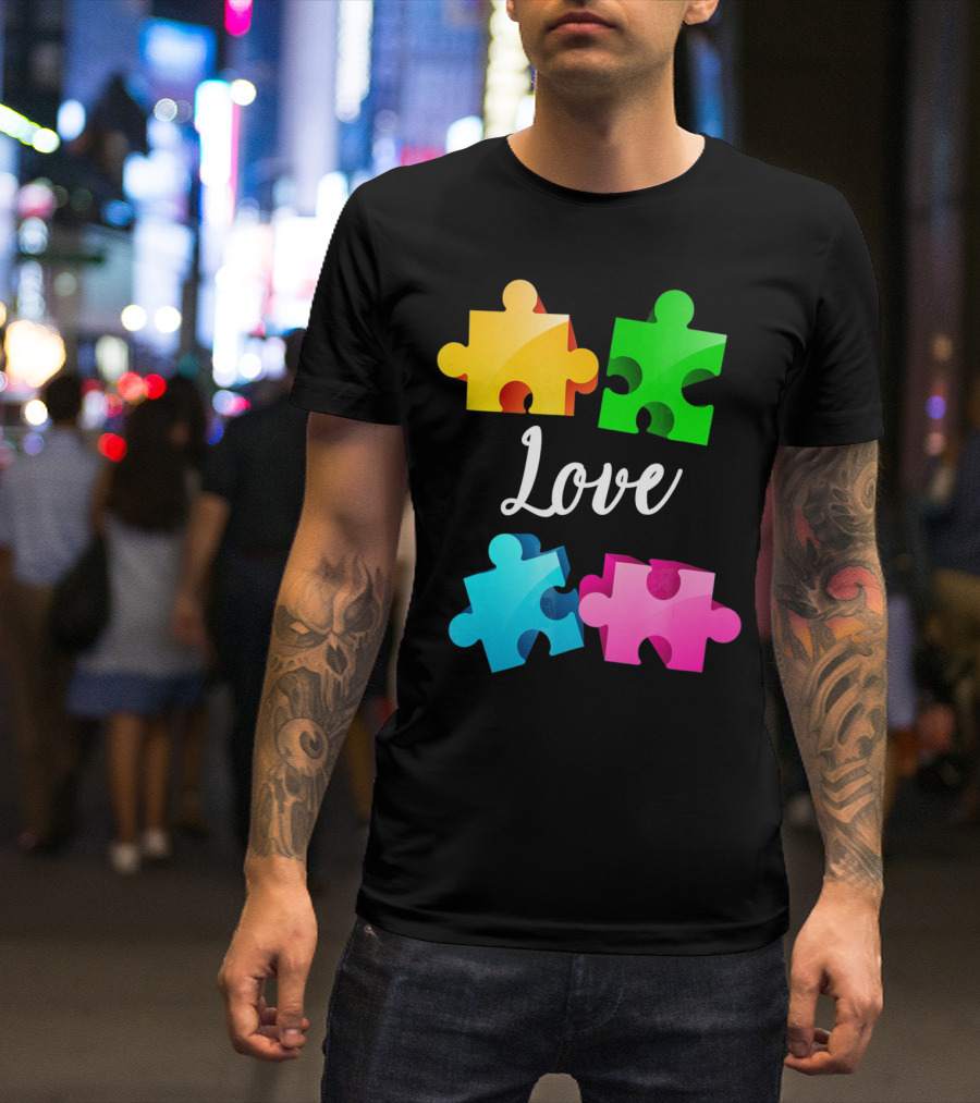 Autism Awareness Love With Colorful Puzzle Pieces T-Shirt