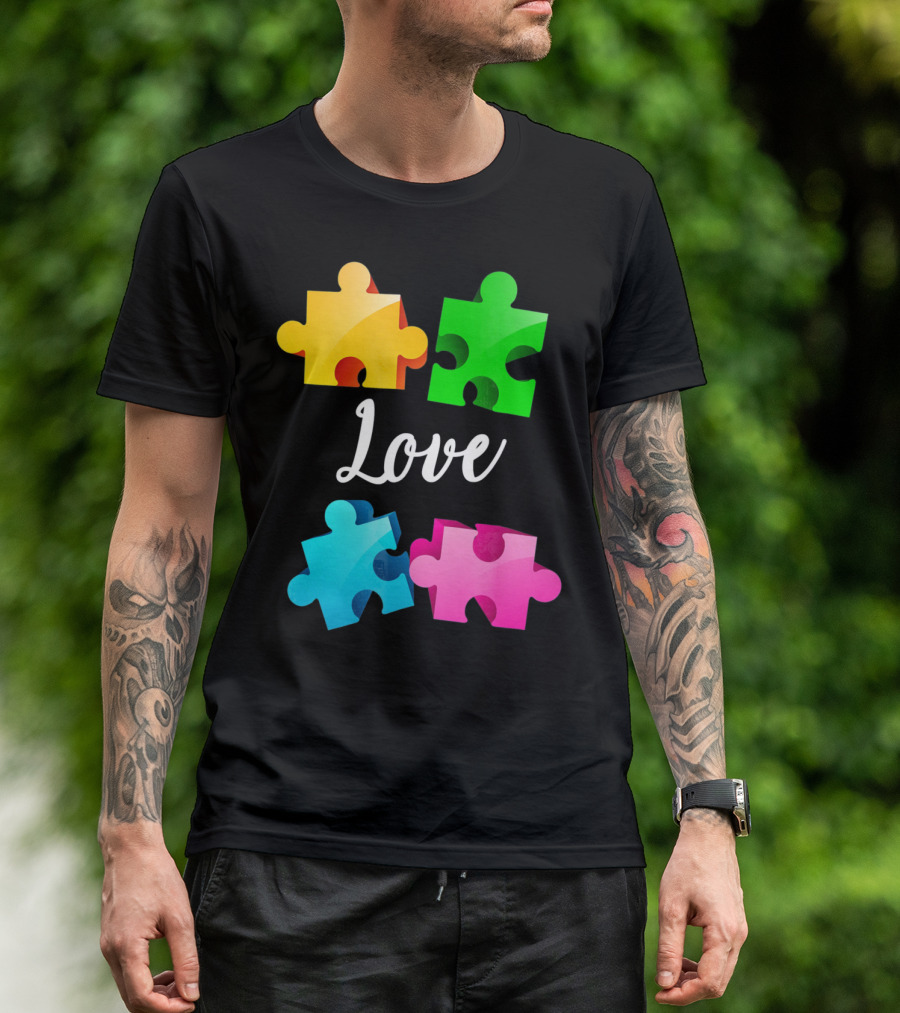 Autism Awareness Love With Colorful Puzzle Pieces T-Shirt