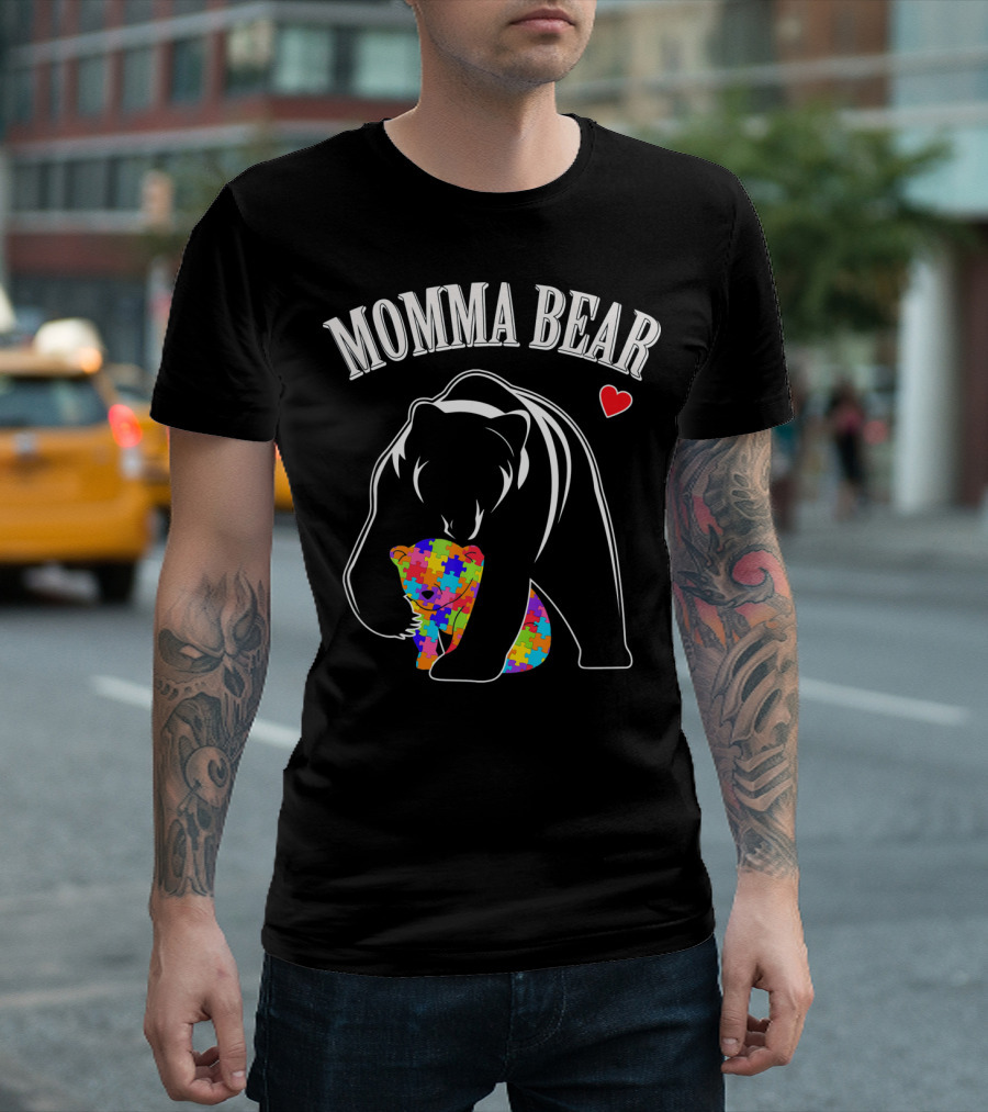 Momma Bear Puzzle Heart Autism Awareness Love T-Shirt