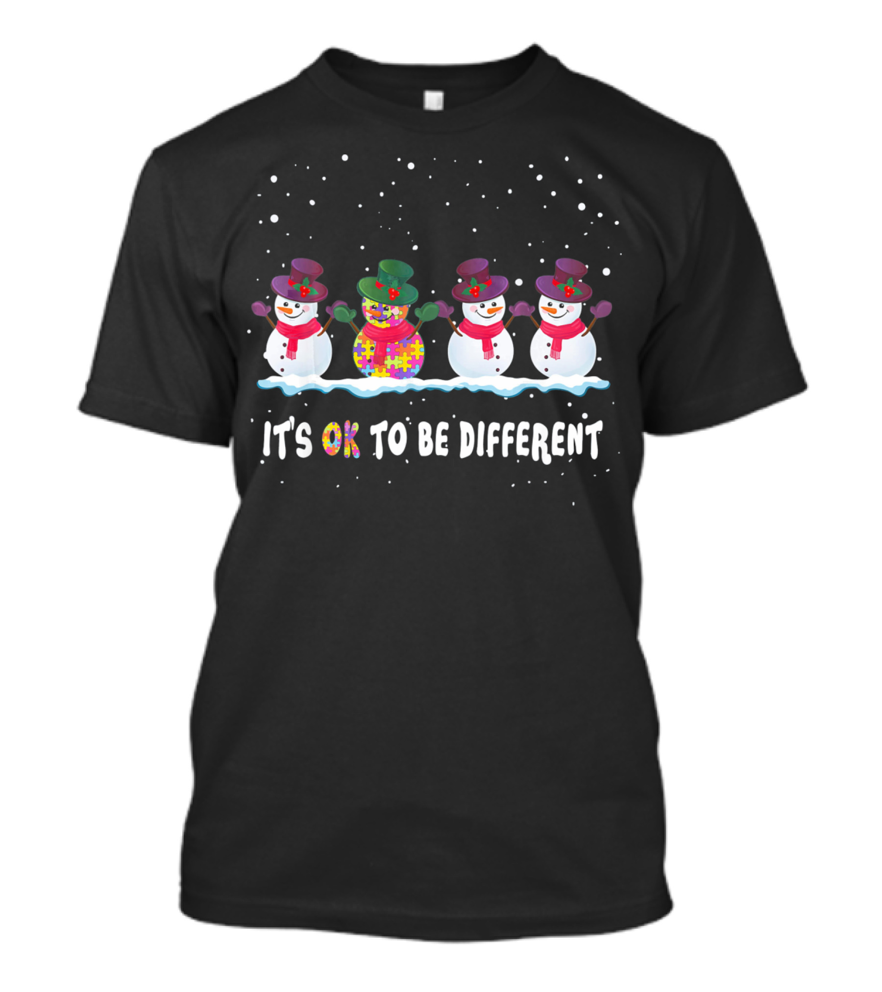 It's OK To Be Different Snowmen With Puzzle Piece Pattern For Autism Awareness T-Shirt