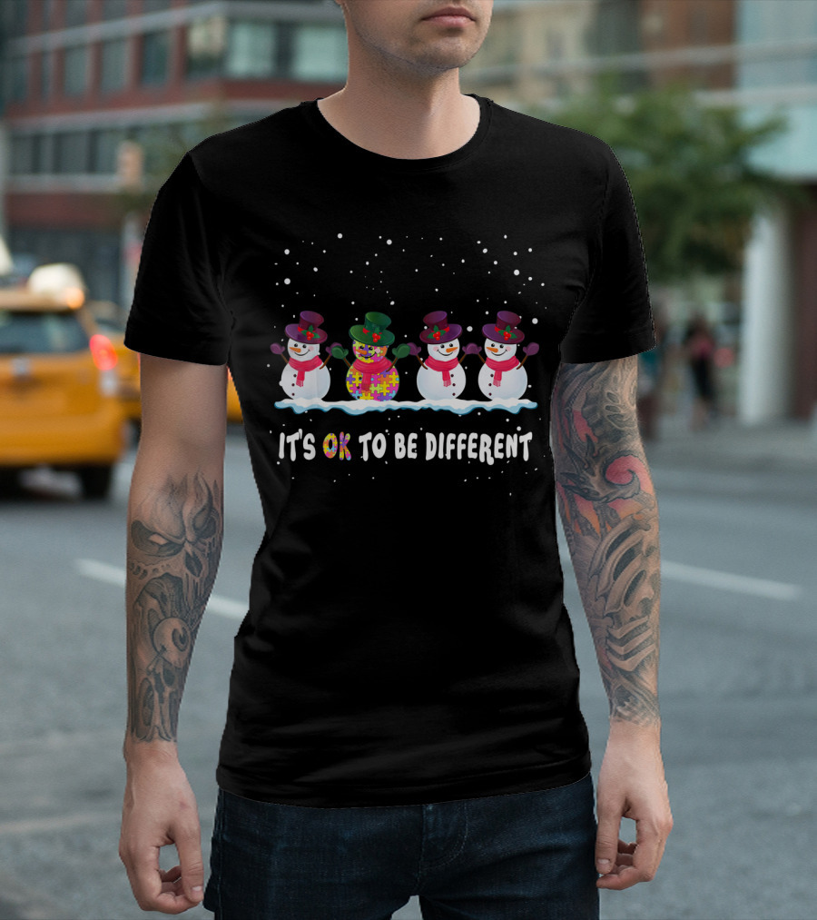 It's OK To Be Different Snowmen With Puzzle Piece Pattern For Autism Awareness T-Shirt