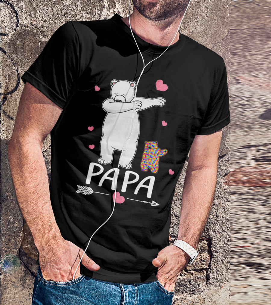 Papa Bear Dabbing With Autism Awareness Puzzle Bear And Hearts T-Shirt