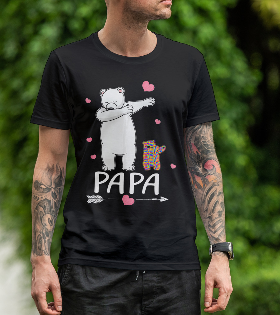 Papa Bear Dabbing With Autism Awareness Puzzle Bear And Hearts T-Shirt
