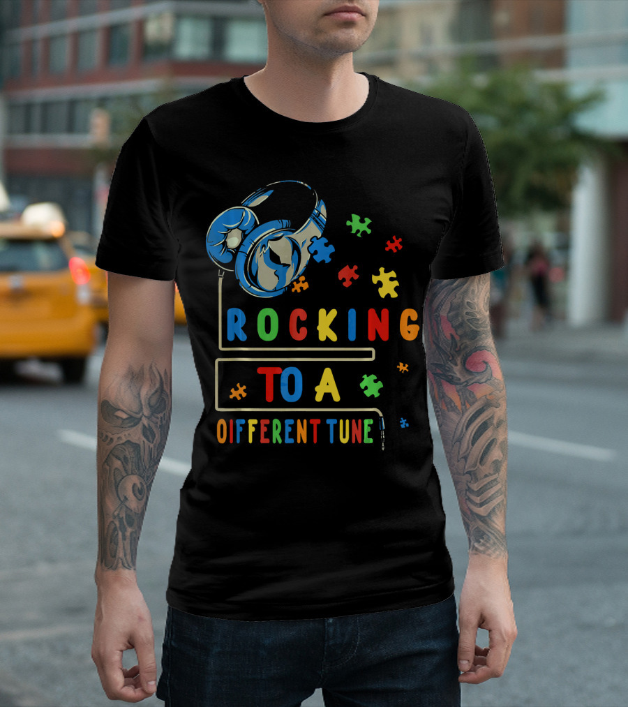 Rocking To A Different Tune Autism Awareness Headphones Puzzle Pieces T-Shirt