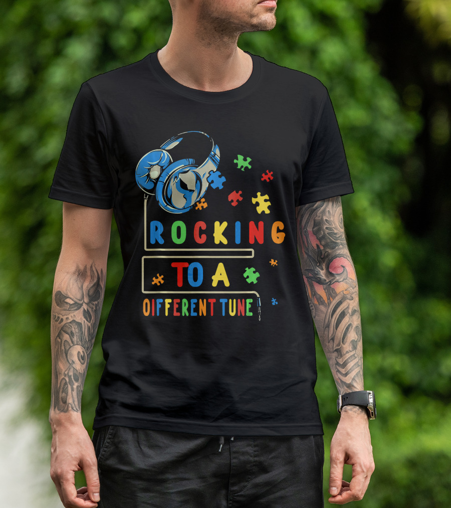 Rocking To A Different Tune Autism Awareness Headphones Puzzle Pieces T-Shirt