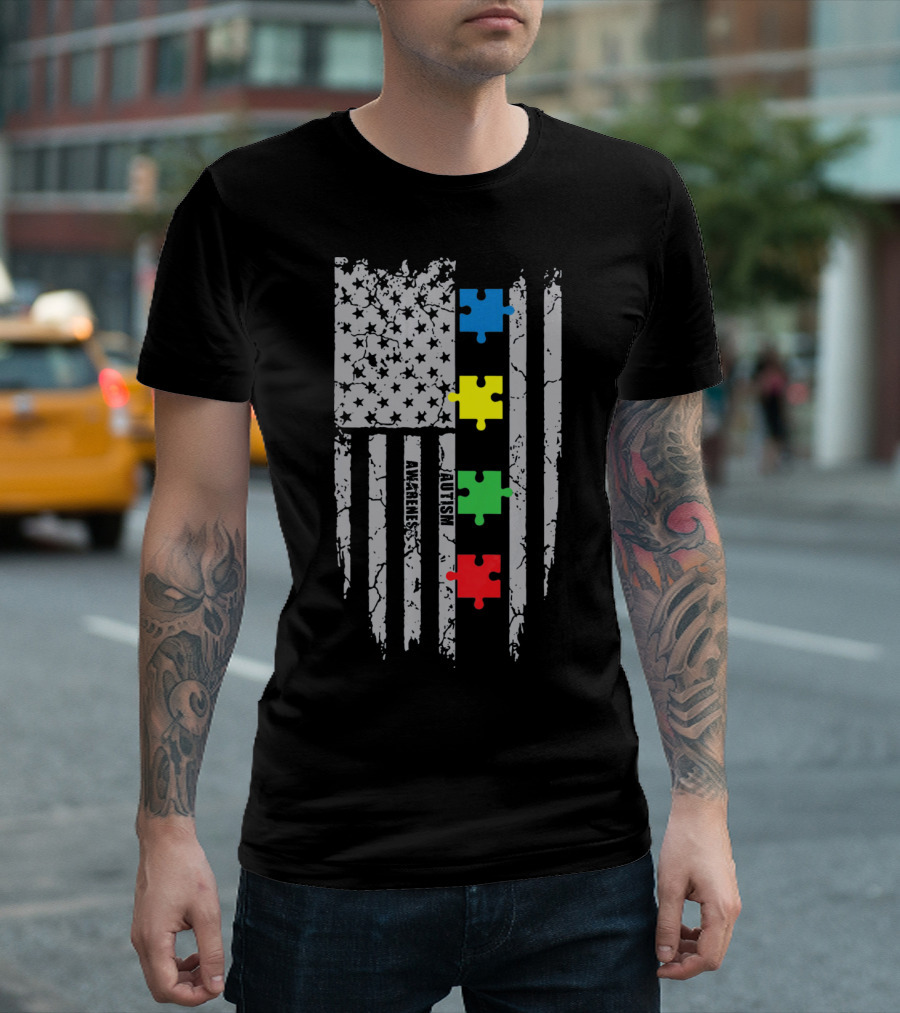 Autism Awareness Puzzle Flag with Colored Pieces T-Shirt