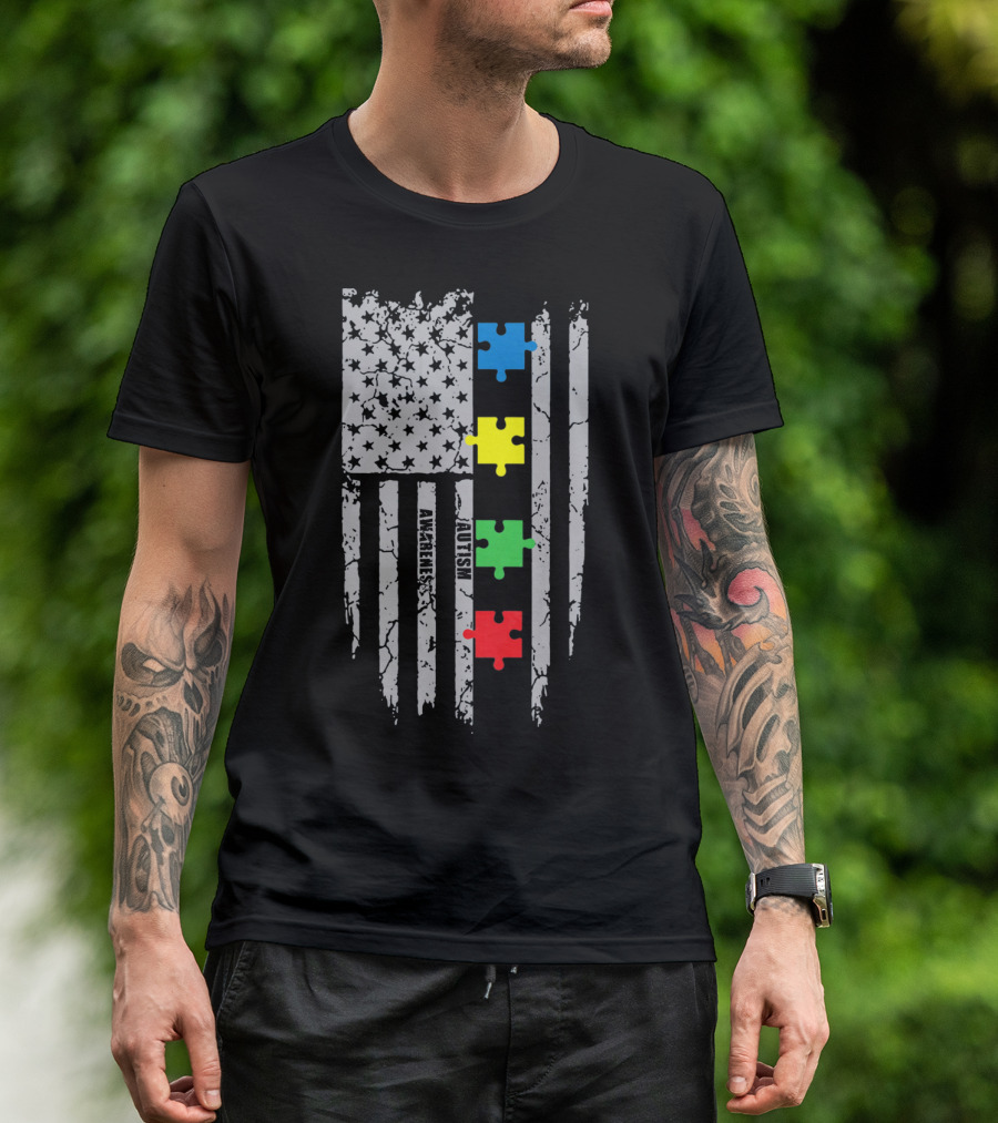 Autism Awareness Puzzle Flag With Colored Pieces T-Shirt