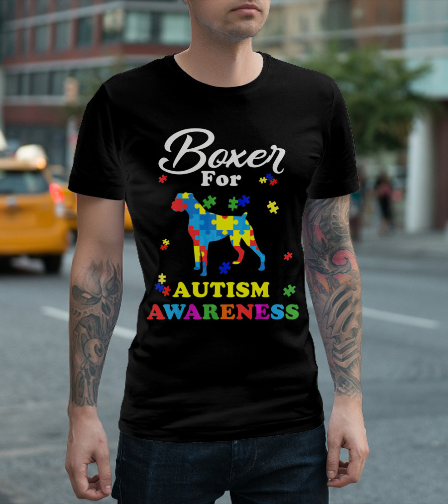 Boxer Dog In Autism Awareness Puzzle T-Shirt