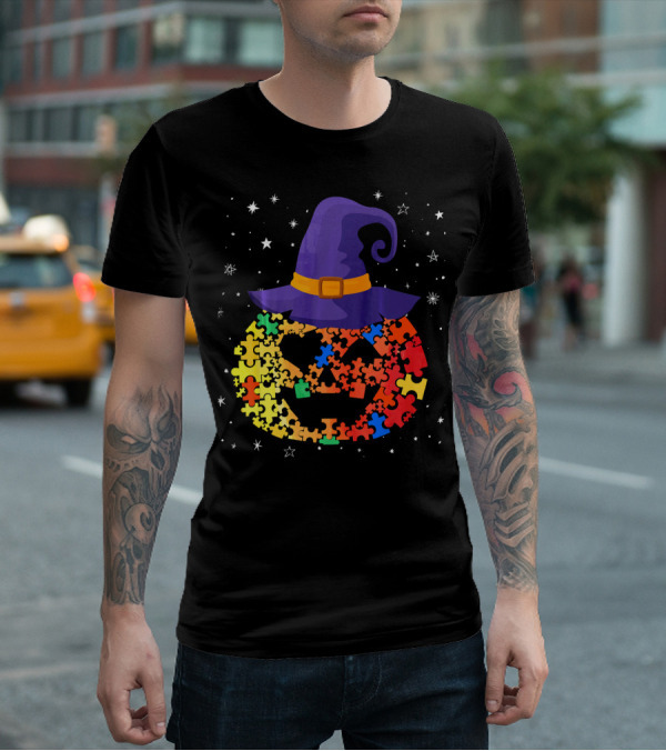 Pumpkin Autism Awareness Halloween Witch Hat Puzzle Piece T-Shirt