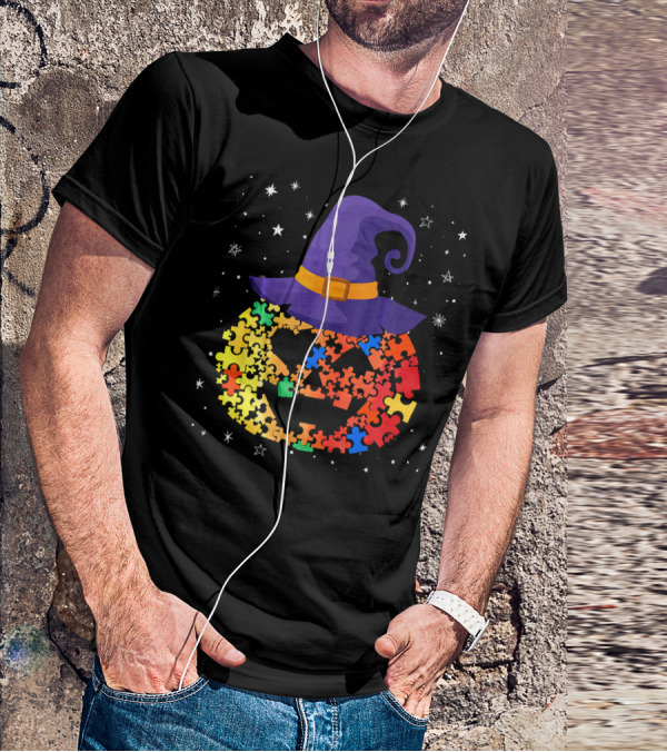 Pumpkin Autism Awareness Halloween Witch Hat Puzzle Piece T-Shirt