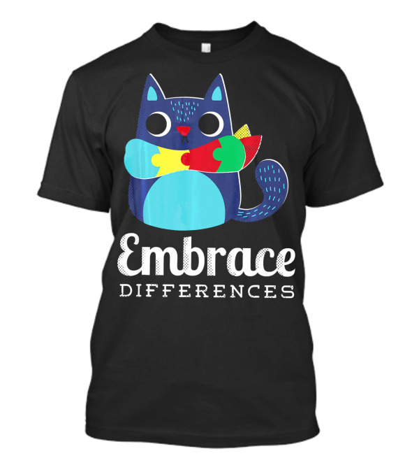 Embrace Differences Autism Support Awareness Puzzle Cat T-Shirt