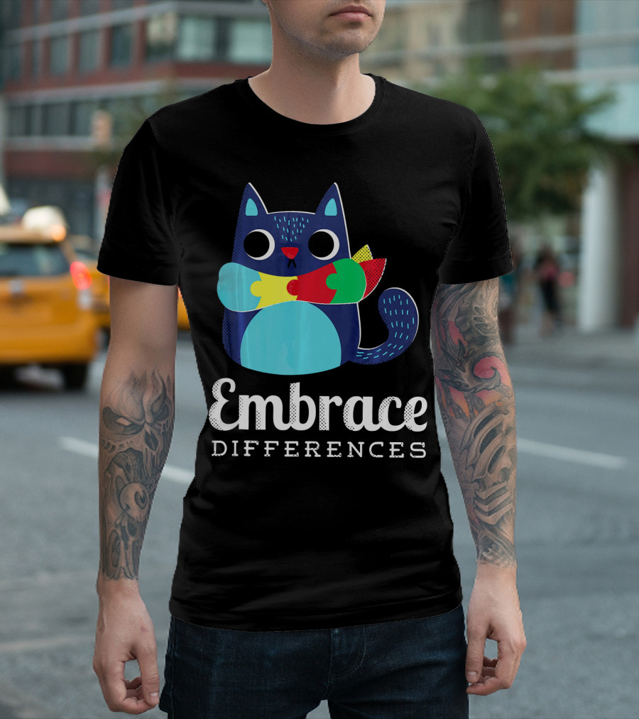 Embrace Differences Autism Support Awareness Puzzle Cat T-Shirt