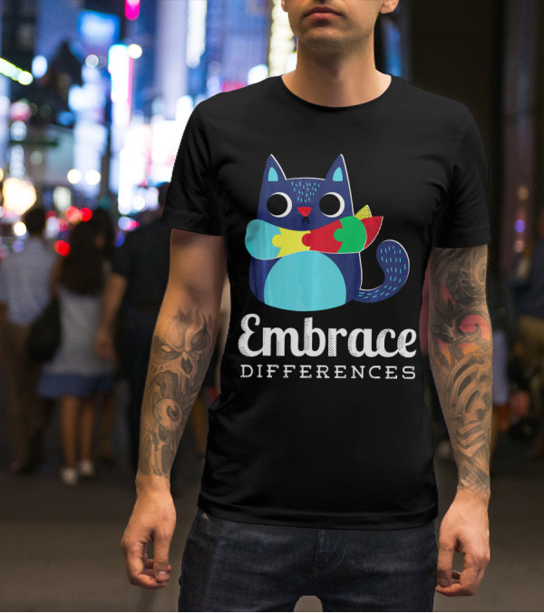 Embrace Differences Autism Support Awareness Puzzle Cat T-Shirt