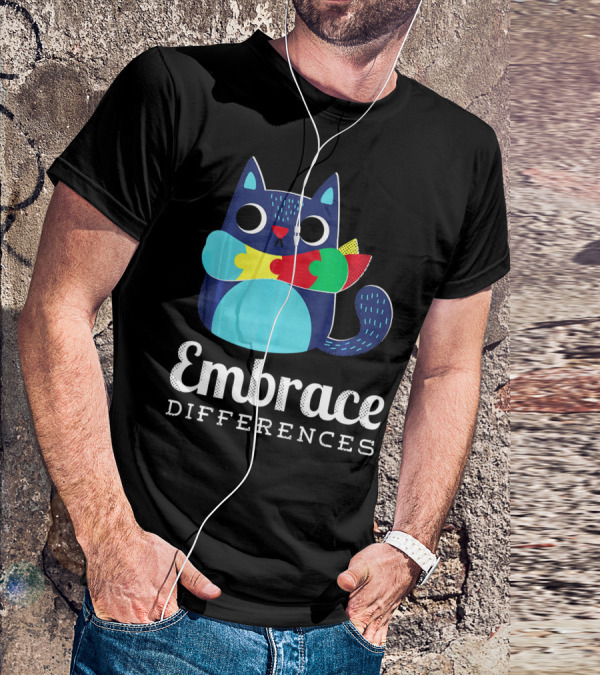 Embrace Differences Autism Support Awareness Puzzle Cat T-Shirt