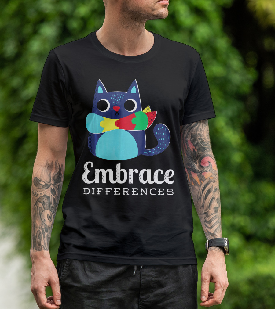 Embrace Differences Autism Support Awareness Puzzle Cat T-Shirt