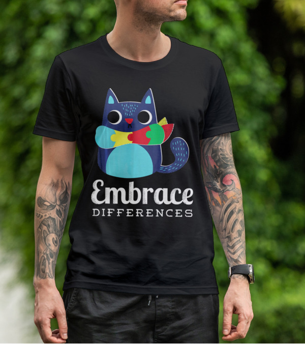 Embrace Differences Autism Support Awareness Puzzle Cat T-Shirt